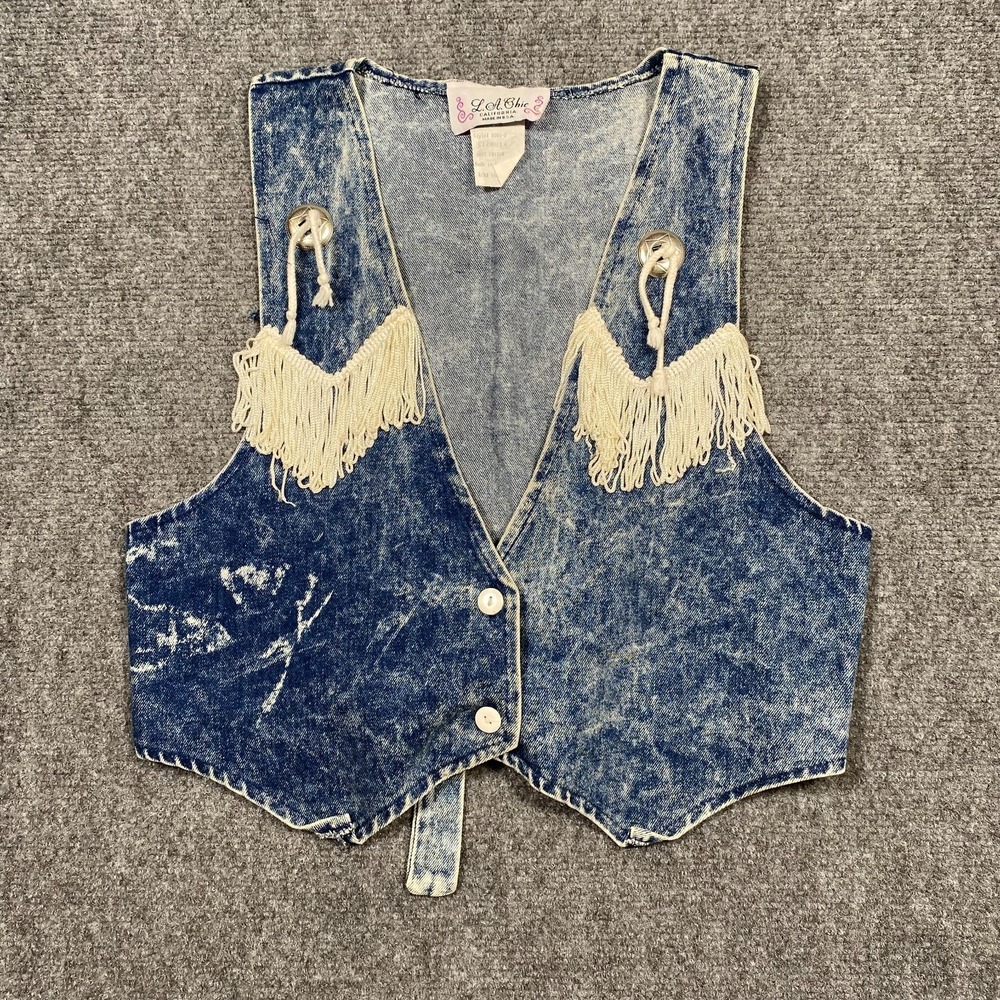L.A. Chic Acid Wash Denim Fringe Vest Size 14 USA Western Boho Retro Vintage‎